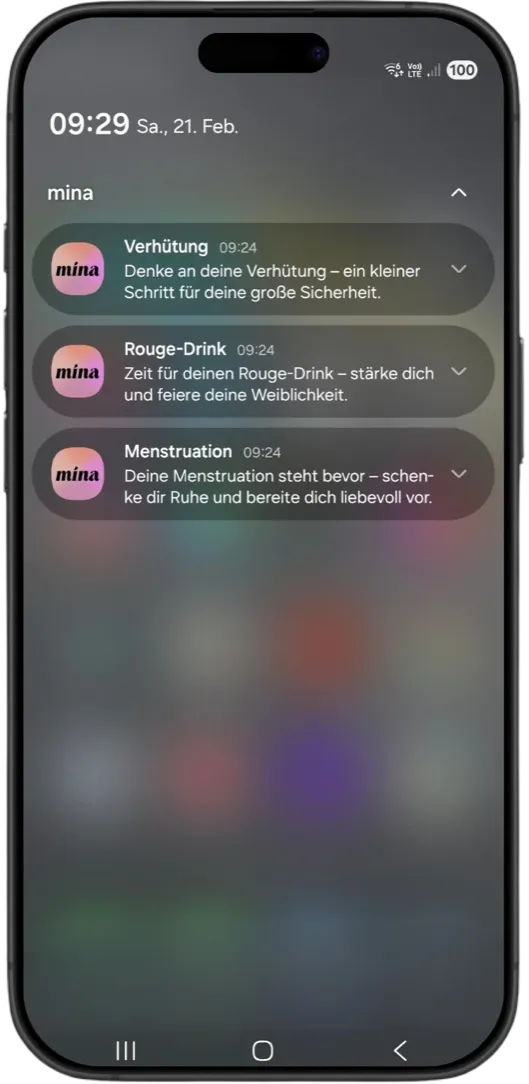 mina Zyklus-App – Erinnerungen und Benachrichtigungen