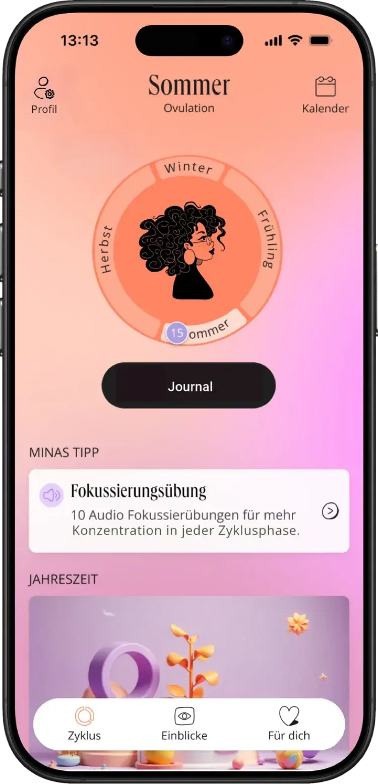 mina Zyklus-App – Startbildschirm mit Zyklusübersicht