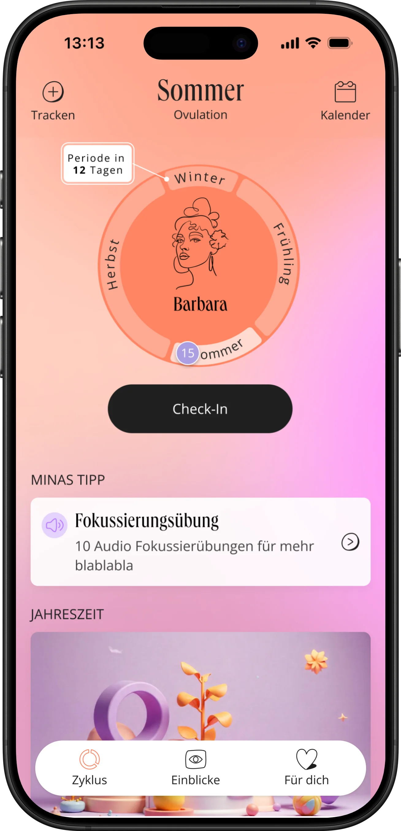 mina Zyklus-App – Hauptansicht der Sommer-Phase mit Zyklustracker